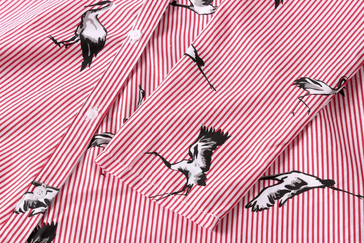 long sleeve striped shirt dress in pink and white featuring a black and white crane print for women