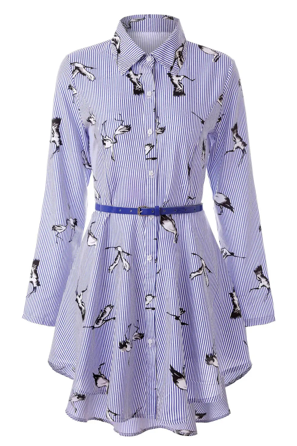 long sleeve striped shirt dress in lavender and white featuring a black bird print, collar, button front closure, long sleeves, and a matching blue belt for women