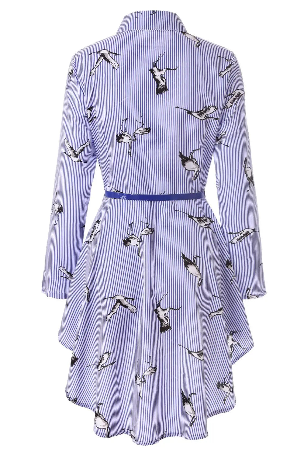 long sleeve striped shirt dress in lavender and white featuring black and white bird illustrations and a solid blue belt cinching the waist for a flattering fit