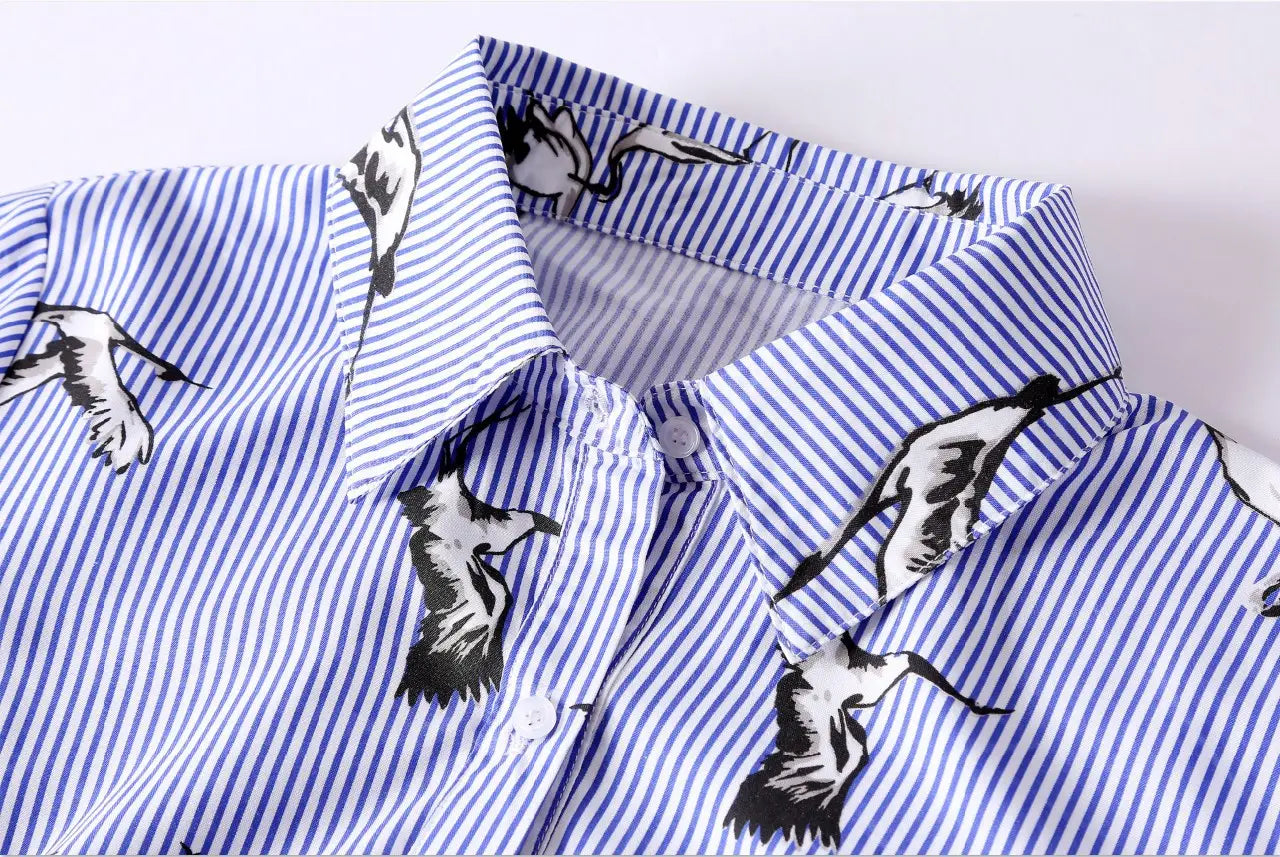 Long sleeve striped shirt dress in blue and white with black and white crane prints for women.