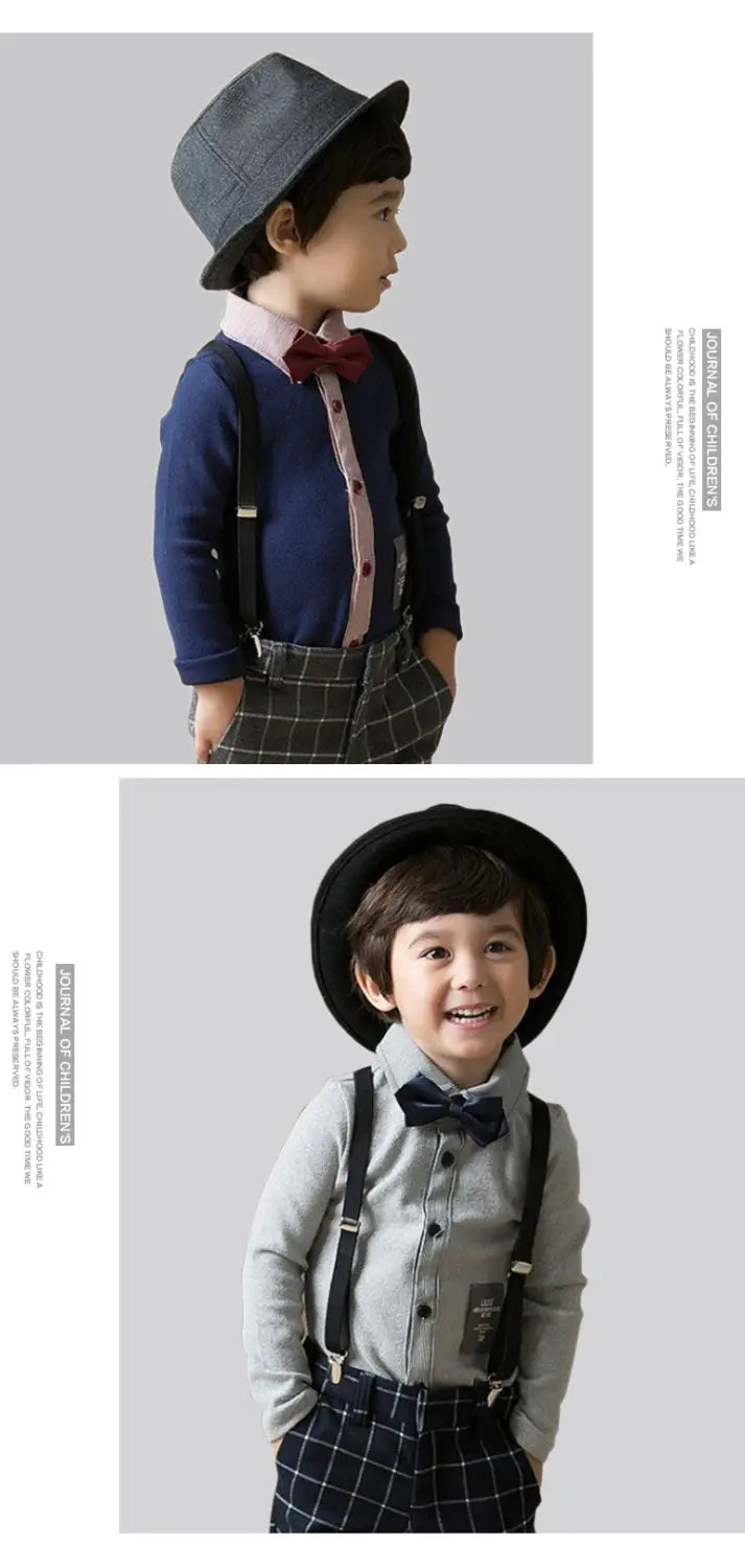 men’s treasure suit tide suit featuring a navy blue long-sleeved button-up shirt with a pink collar and plaid trousers with suspenders