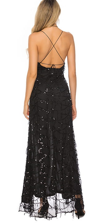black beaded maxi dress shown from the back featuring a crisscross design and lace detailing in a sexy halter strap sequin style.