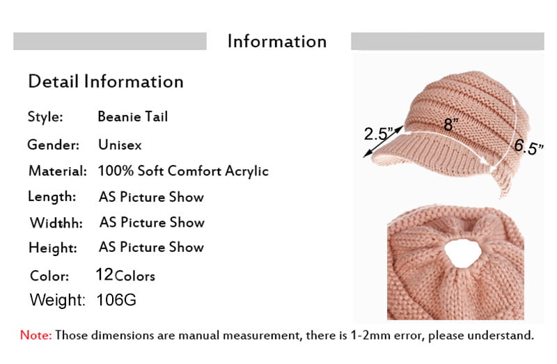 a soft muted pink knitted women ponytail beanie with a built-in visor perfect for autumn and winter use