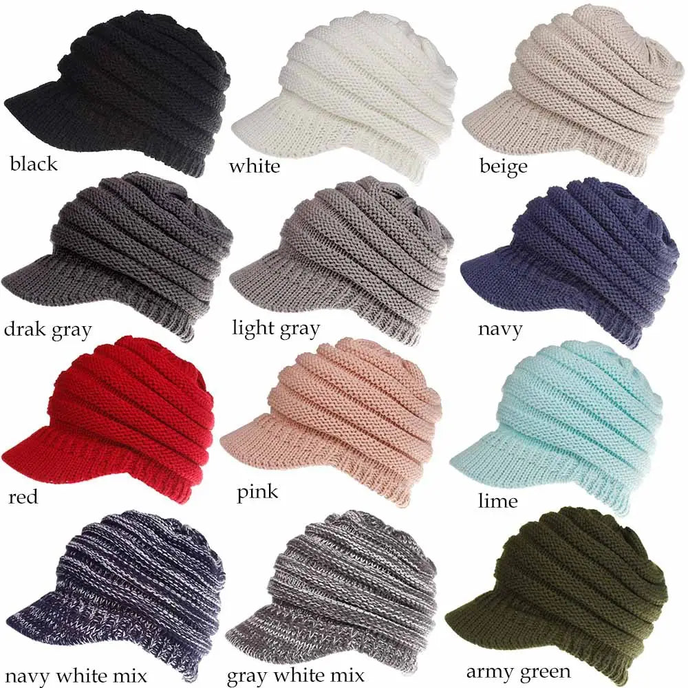 white knitted women ponytail beanies with brim featuring a cozy ribbed-knit design and short brim available in multiple solid and mixed-color options ideal for beanies autumn winter.