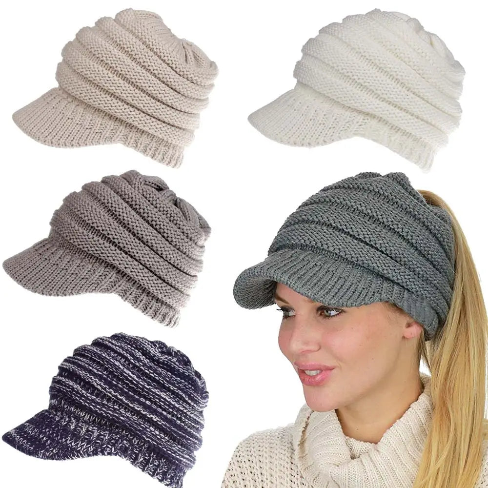 gray knitted women ponytail beanie with ribbed texture and curved brim suitable for beanies autumn winter wear