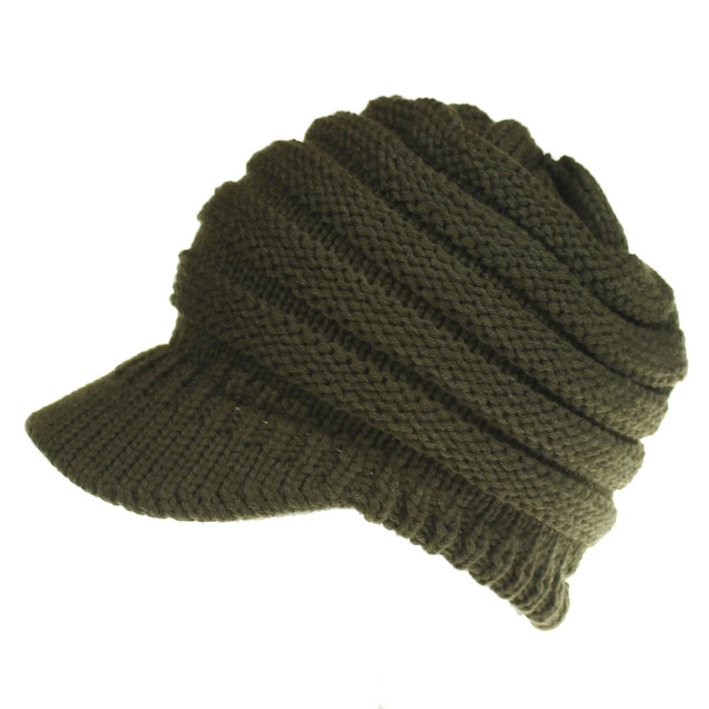 olive green knitted women ponytail beanie with structured brim and ribbed texture suitable for autumn winter beanies.