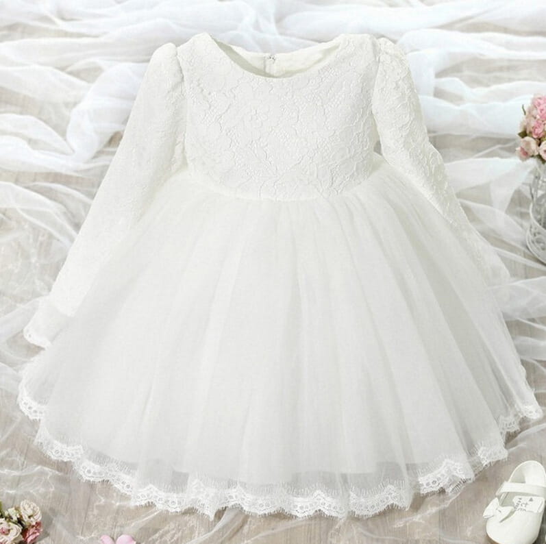 a delicate white lace princess dress girls long sleeve tulle featuring an embroidered bodice and flared skirt edged in matching lace ideal for dress girls summer occasions