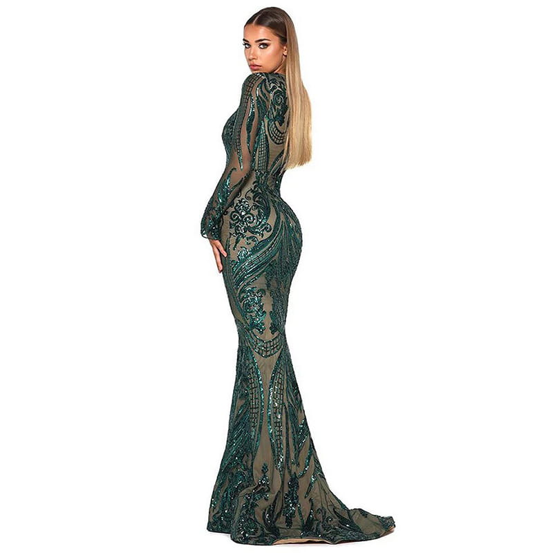 Emerald green satin lace evening dress featuring a shimmering mermaid-style gown with intricate sequined embroidery and long sheer sleeves highlighting the main fabric composition.