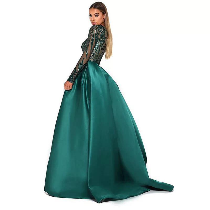 Emerald green satin lace evening dress featuring a sheer beaded bodice with long sleeves highlighting the main fabric composition.