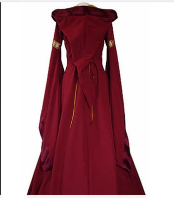 A rich burgundy hooded medieval revival victorian dress with a high ruffled collar and long flowing sleeves perfect as a halloween dress revival or dress revival victorian.