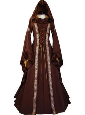 a rich burgundy hooded medieval-style gown with long flowing sleeves and an intricate gold-trimmed lace-up front, ideal as a halloween dress revival or dress revival victorian garment
