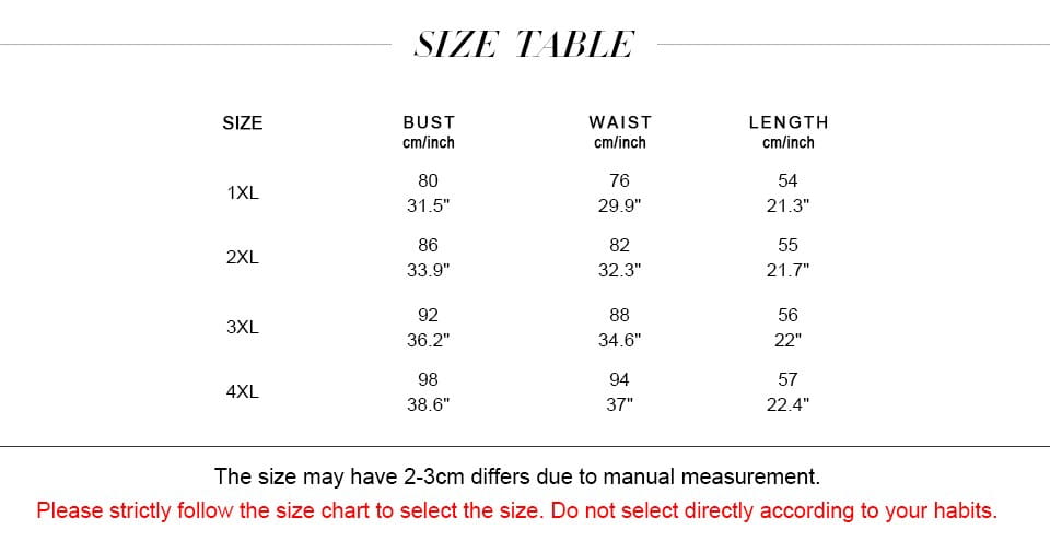 Size chart in centimeters and inches for a black floral deep v lace mesh bodysuit displaying measurements from 1x to 4xl sizes.
