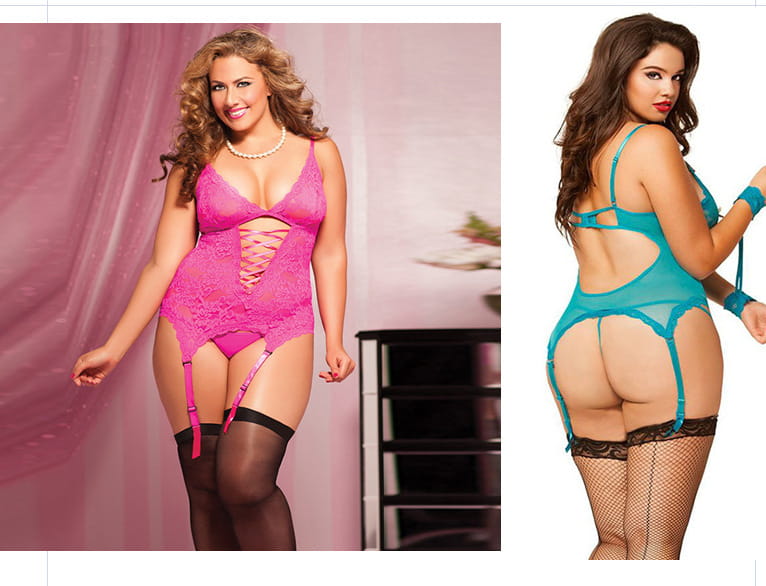 pink lace bodysuit with matching suspenders and black stockings showcasing sexy lingerie plus and lingerie plus size options in a stylish set