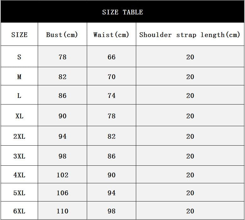 Black size chart table displaying bust waist and shoulder strap length measurements for plus size shaping underwear with front zipper in sizes s through 6xl.