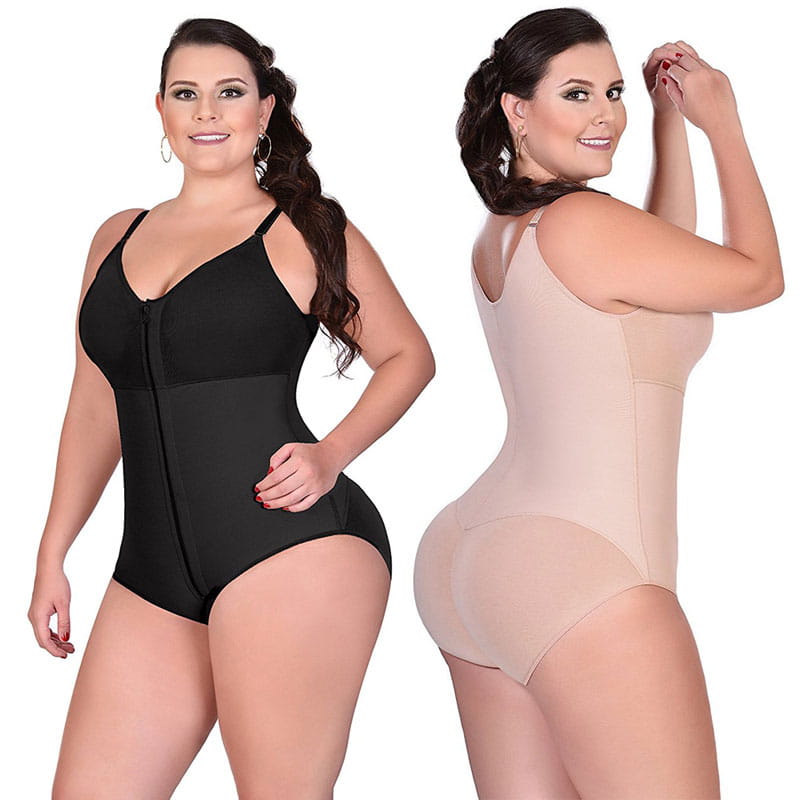 plus size shaping underwear in black and beige featuring a seamless design and front zipper for enhanced support and comfort