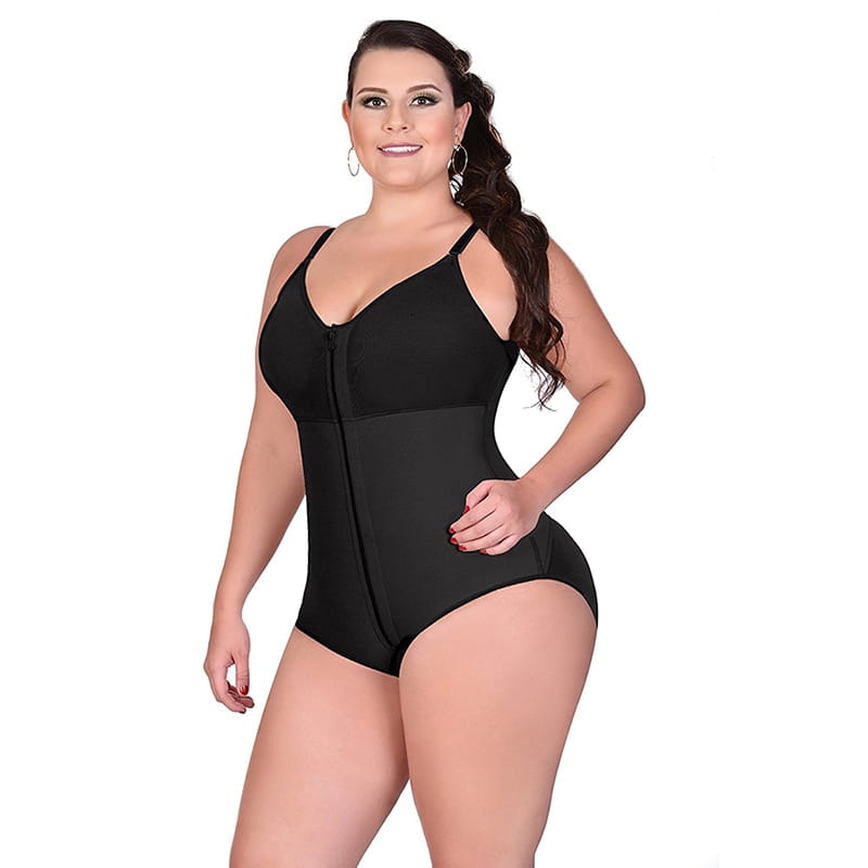 Black plus size shaping underwear with front zipper and adjustable straps designed for comfortable size shaping.