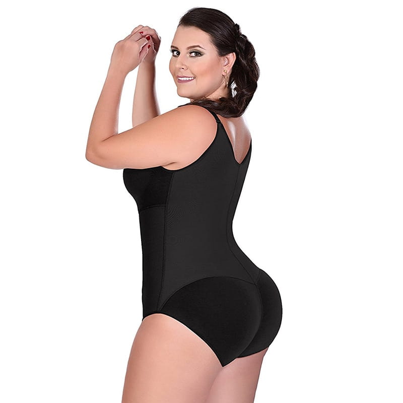 Black plus size shaping underwear with a front zipper featuring a sleek, form-fitting design and seamless seams.