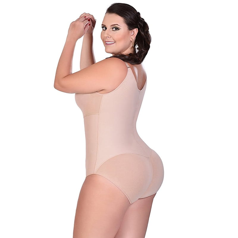 Beige plus size shaping underwear with seamless form-fitting design and adjustable straps featuring a front zipper closure.
