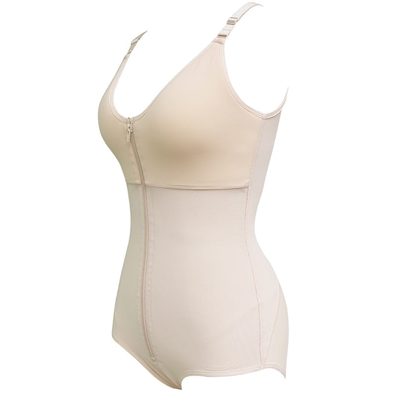 Beige form-fitting plus size shaping underwear bodysuit with adjustable straps and front zipper for effective size shaping.