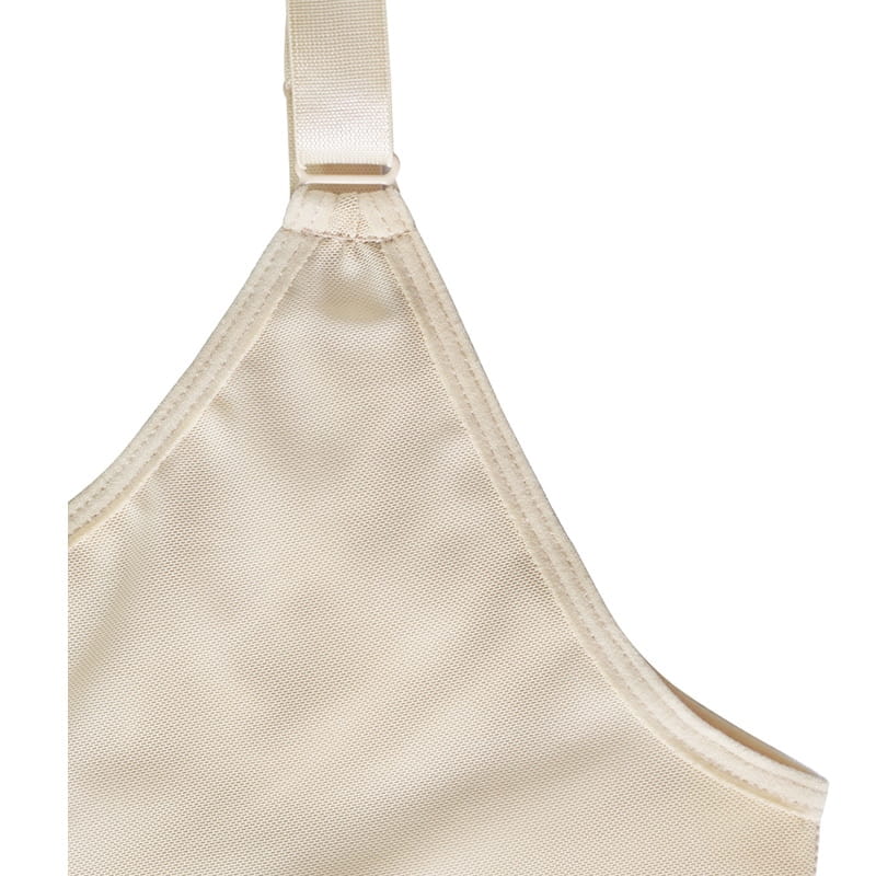 Beige mesh strap with plastic buckle on plus size shaping underwear with front zipper for size shaping and support.