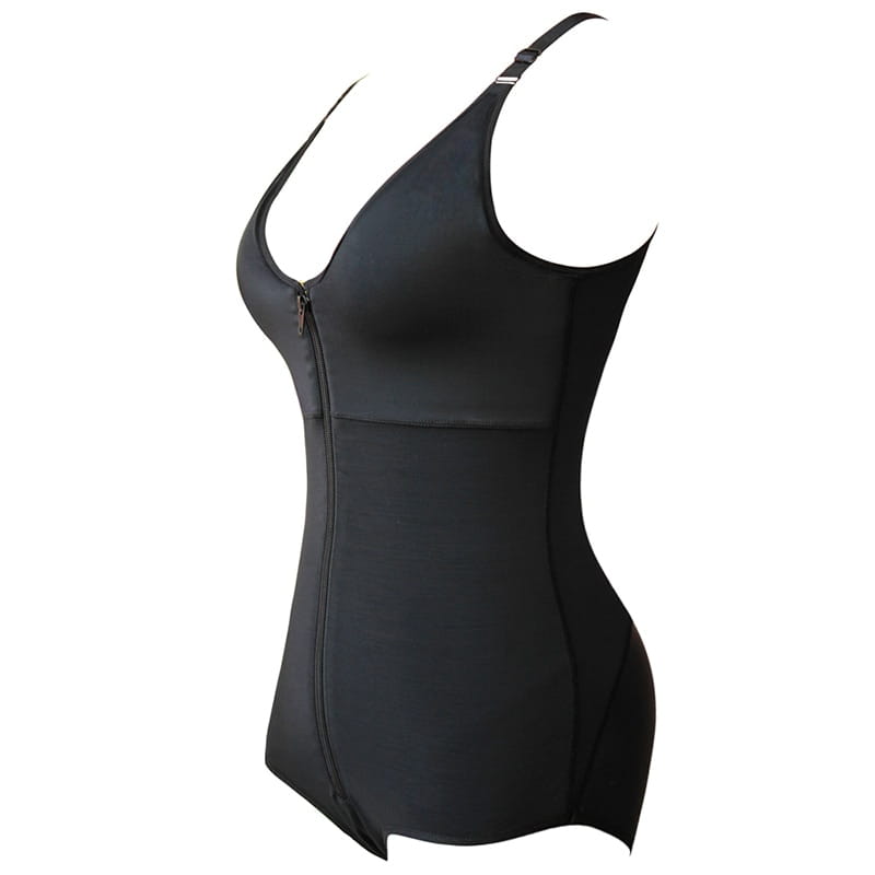 Black form-fitting plus size shaping underwear bodysuit with front zipper and thin straps designed for size shaping and support.