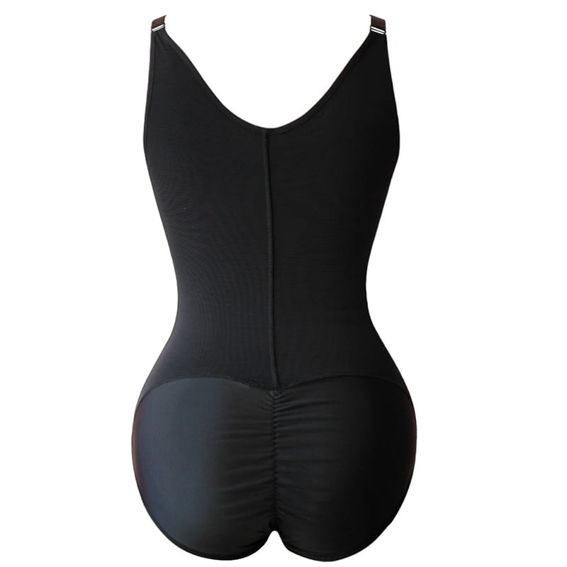 plus size shaping black form-fitting shapewear bodysuit with v-neckline ruched back and front zipper size shaping underwear
