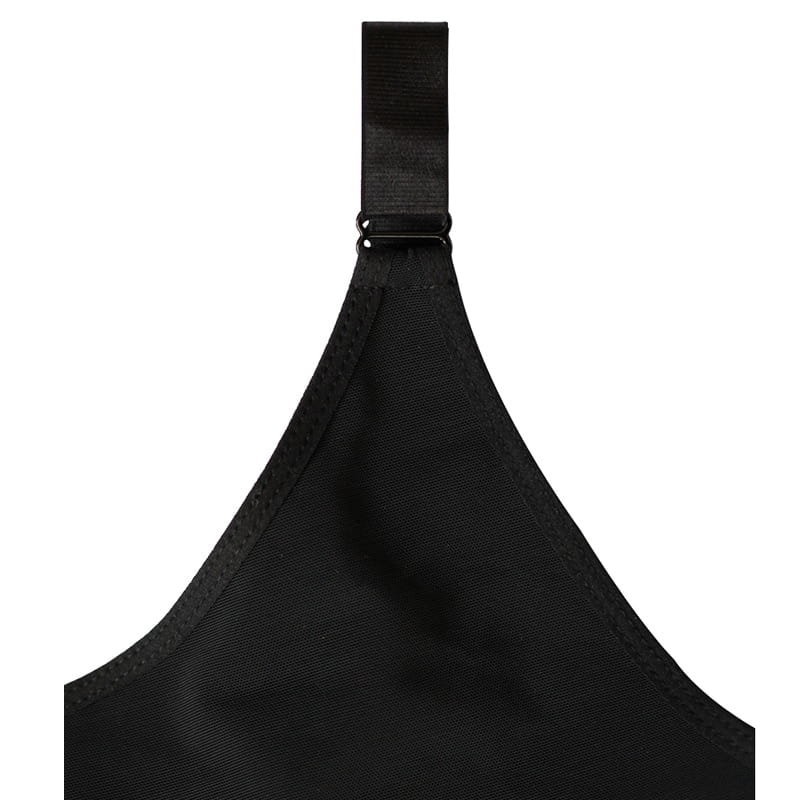 black fabric apron with strap and buckle at the top shown alongside plus size shaping underwear with front zipper for enhanced size shaping and support.