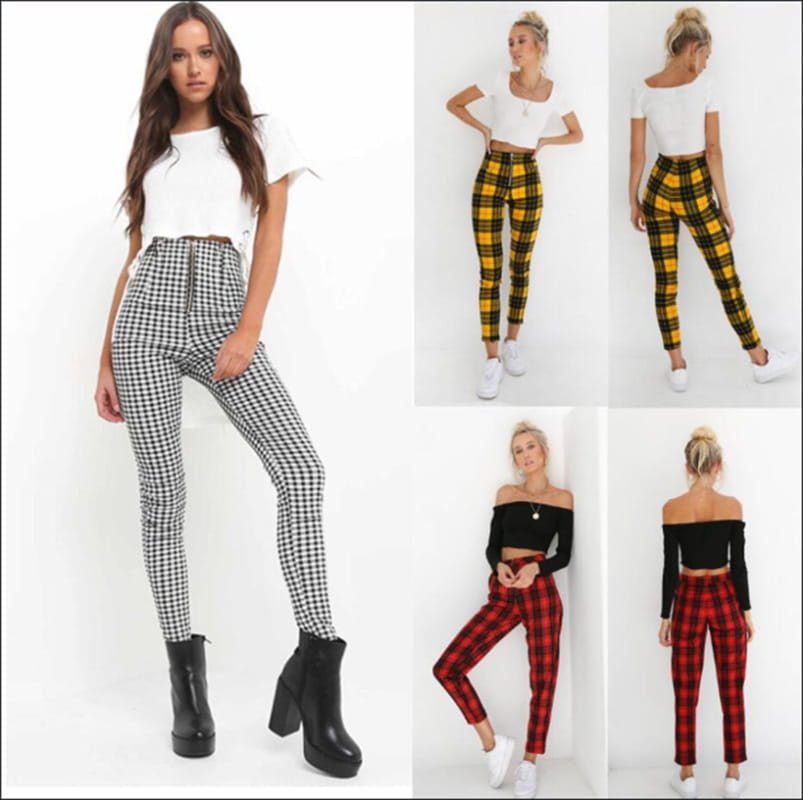 black and white checkered women’s high-waist stretch leggings made of soft stretch fabric offering comfortable fit and stylish design