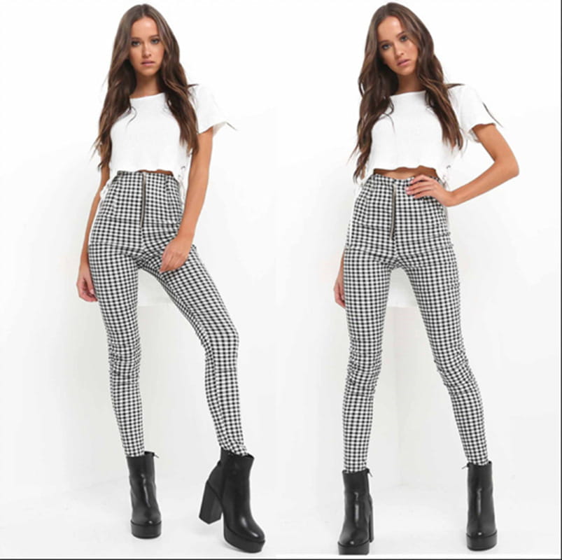 high-waisted black and white checkered stretch leggings for women featuring a front zipper in a three pack of plaid high-waist stretch leggings