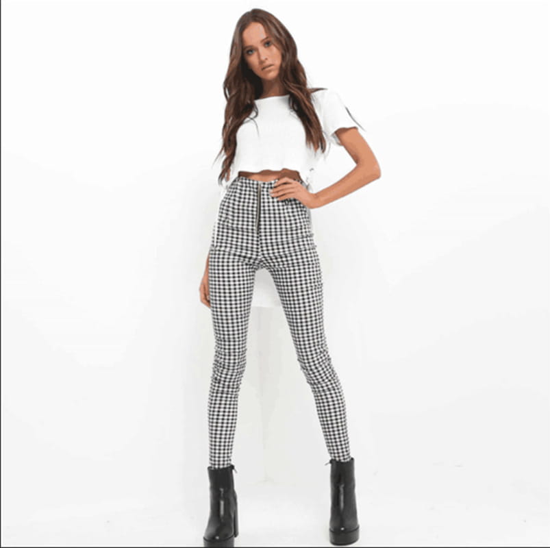 women’s high-waist stretch leggings featuring high-waisted black and white checkered skinny design in a plaid 3 pack