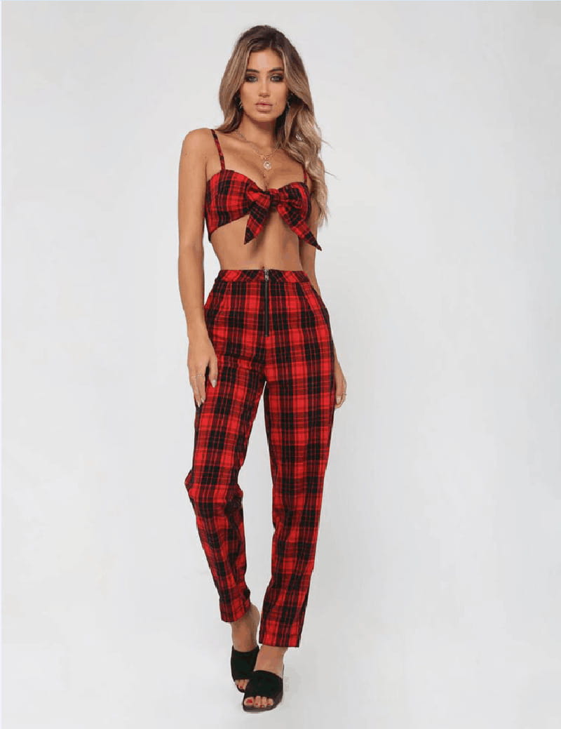 red and black plaid two-piece set featuring a cropped top with a front bow and high-waisted stretch leggings designed for women’s high-waist comfort and style.