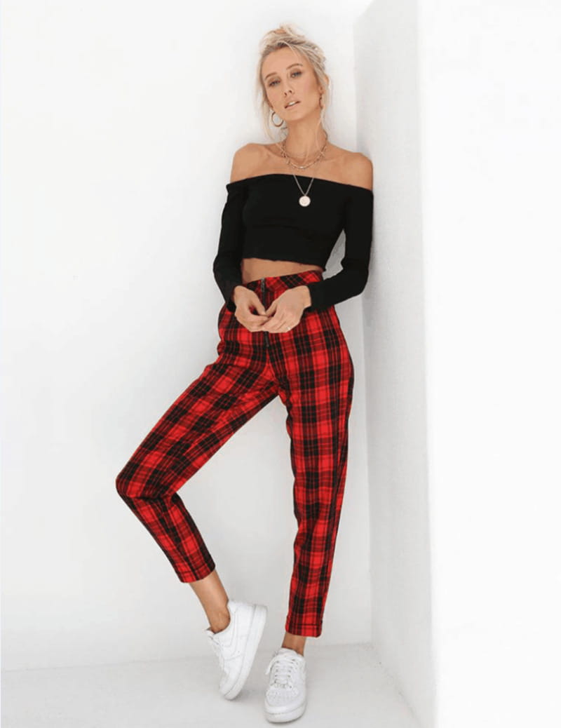 red and black plaid cropped stretch leggings for women high-waist with comfortable stretch fabric in a 3 pack set