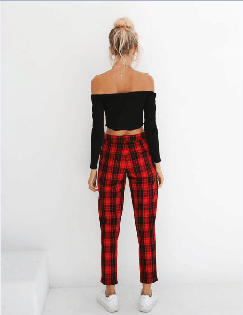 red and black plaid women’s high-waist stretch leggings with a straight-leg cut from a 3 pack collection
