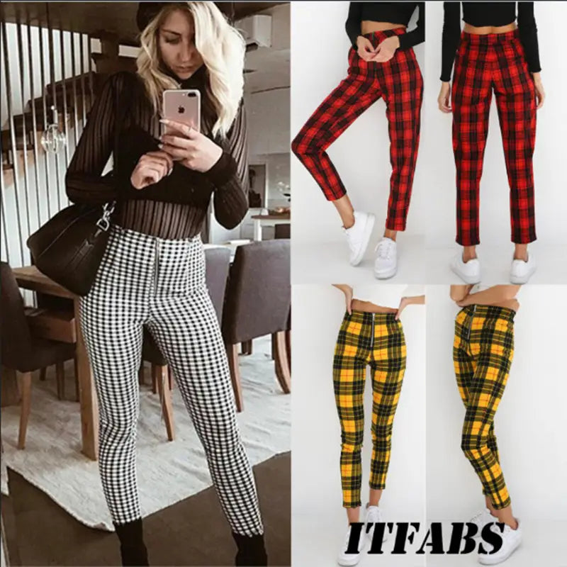 black and white checkered women’s high-waist stretch leggings with a fitted silhouette from a plaid high-waist stretch leggings 3 pack