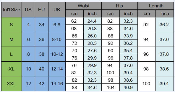 The image shows a size conversion chart for plaid women’s high-waist stretch leggings 3 pack with measurements in inches and centimeters across international, US, and EU sizes.