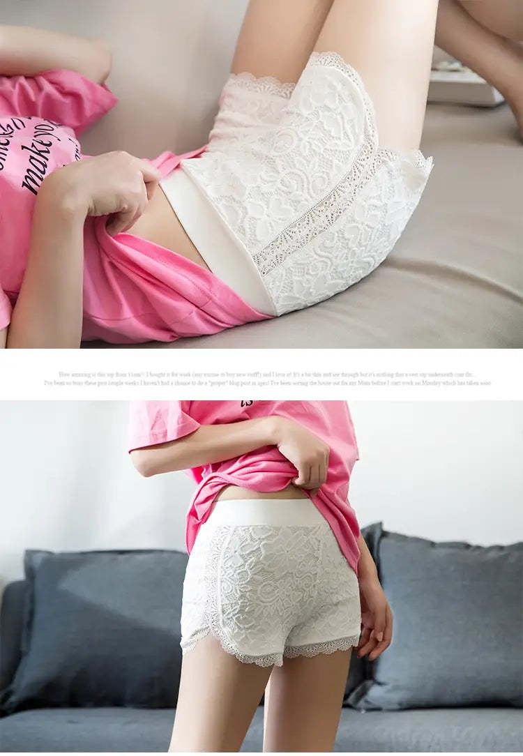 white lace shorts with a delicate floral pattern and scalloped hem featuring an elastic waistband ideal for women shorts lace styles.