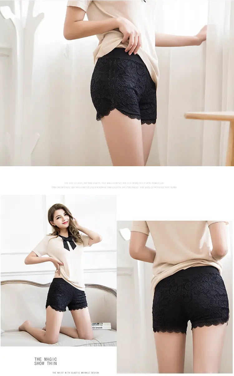 women shorts lace featuring black lace material with a delicate intricate pattern and scalloped hem with elastic waistband