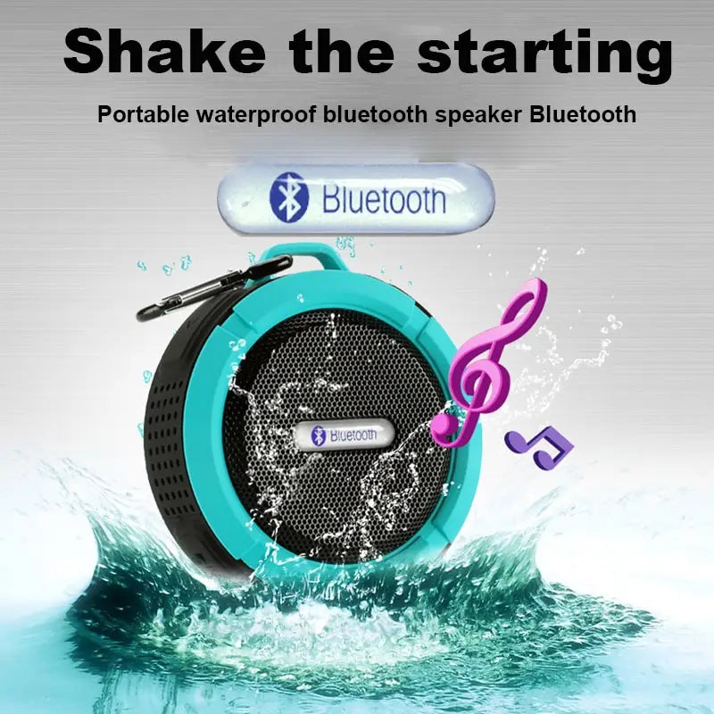teal and black portable waterproof speaker with carabiner features a mesh grille and branded logo, ideal for outdoor use and complementing luxury women’s fashion and plus size dresses bikinis.
