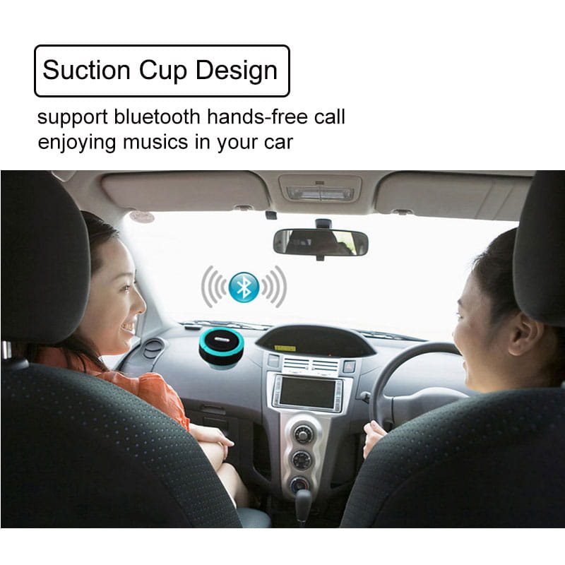 blue and black circular suction cup car mount with bluetooth connectivity designed for use with teal and black portable waterproof speaker with carabiner ideal for outdoor activities and luxury womens fashion accessories.