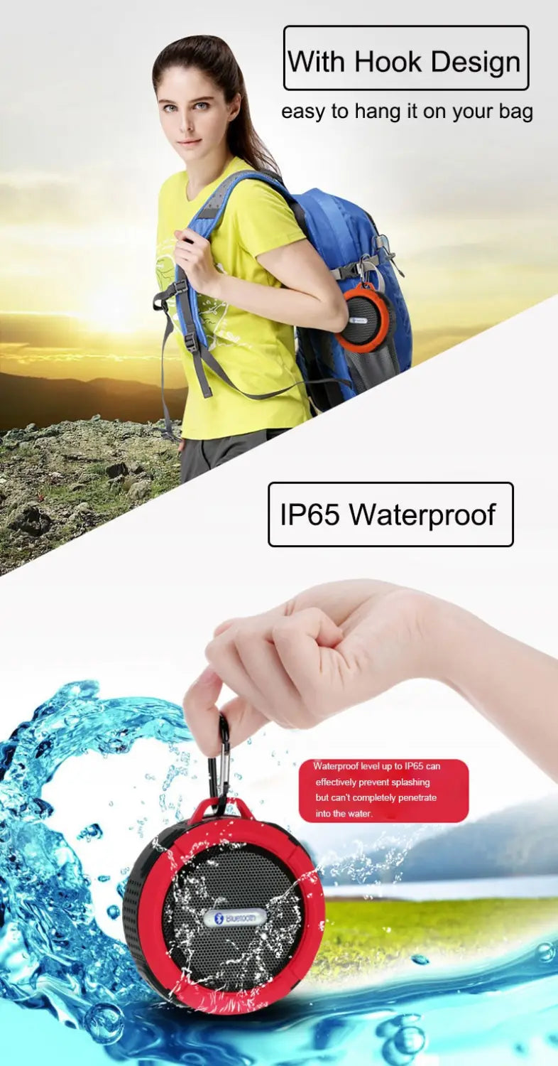 Red and black circular bluetooth waterproof speaker with a hook design for easy bag attachment, inspired by the teal and black portable waterproof speaker with carabiner ideal for luxury women’s fashion and outdoor use.