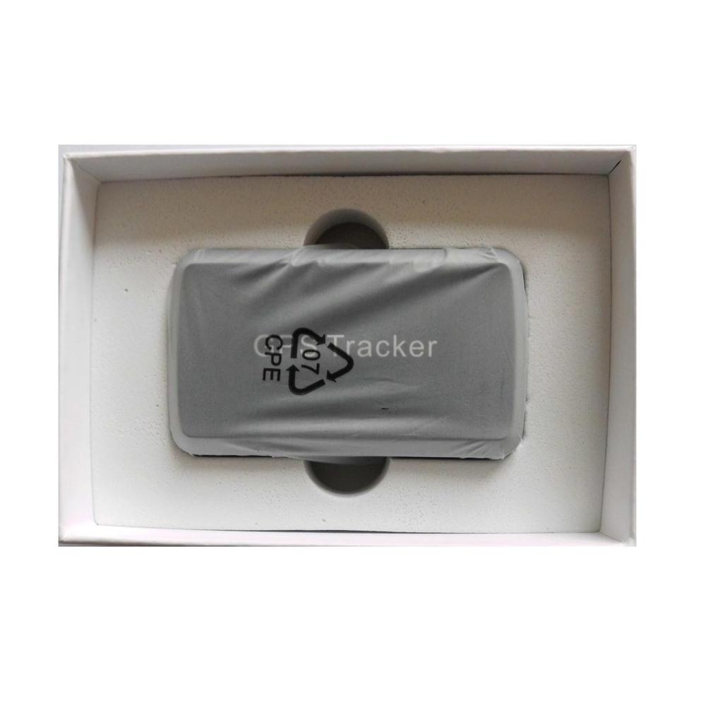Gray rectangular magnetic gps tracker device wrapped in protective plastic featuring a recycling symbol and gps tracker text with alarm function and preset authorized number for monitoring center use
