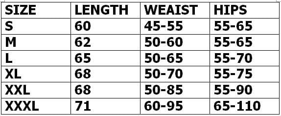 the table displays size measurements for the women high waist faux leather pencil skirt listing sizes from s to xxxl with corresponding length waist and hip dimensions.