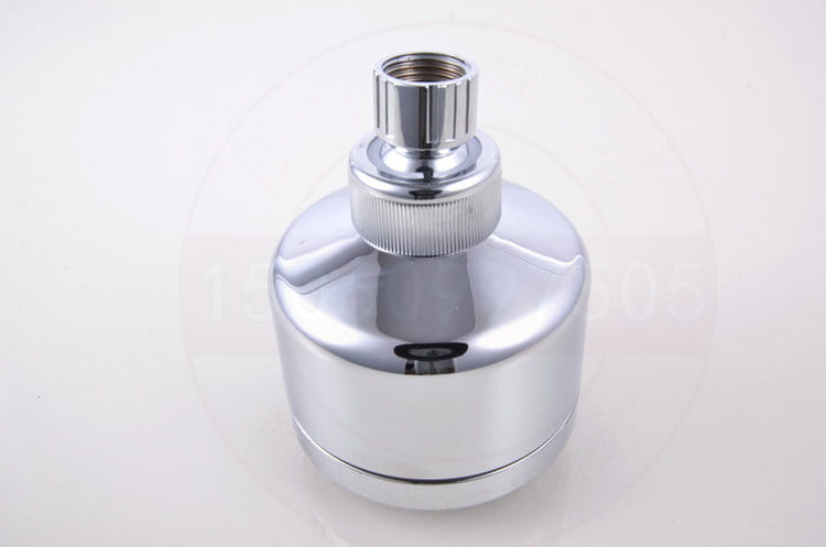 Chrome plastic small shower head with a chrome finish, cylindrical body, and threaded connection at the top for easy installation.