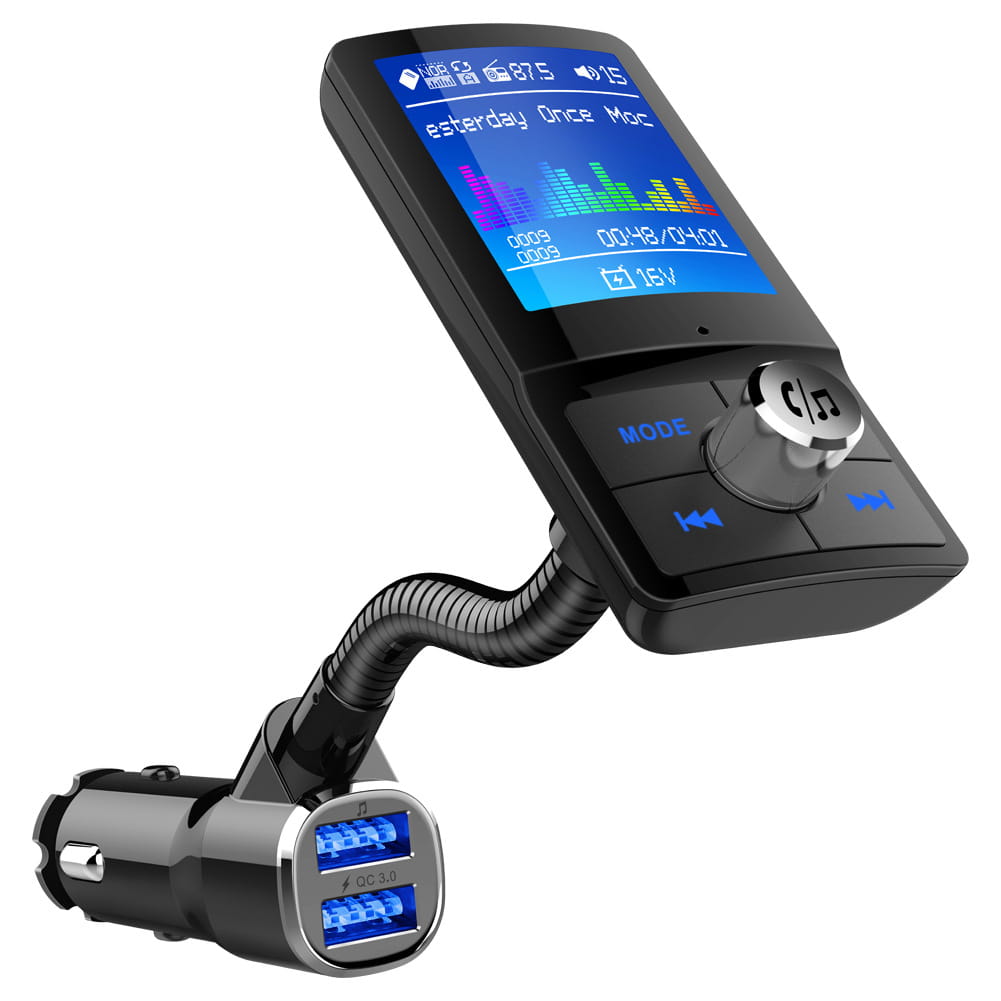Black rectangular mp3 car speakerphone with a touchscreen display showing music playback, flexible gooseneck, black car phone adapter, and two usb ports for charging.