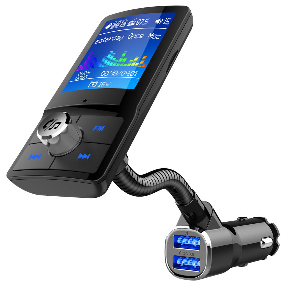 Black rectangular mp3 car speakerphone with a touchscreen display showing music playback information, flexible hose, two usb ports, and a sleek black car phone charger design.