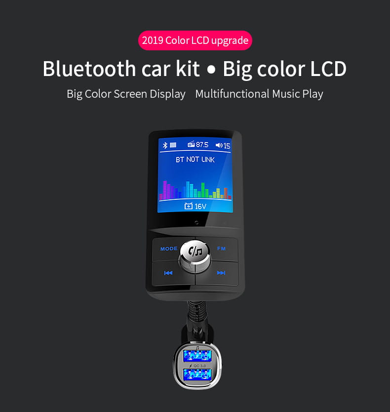 Black rectangular mp3 car speakerphone with a big color lcd screen and dual usb charging ports designed for hands free communication and compatible with luxury women’s fashion and plus size dresses bikinis accessories.
