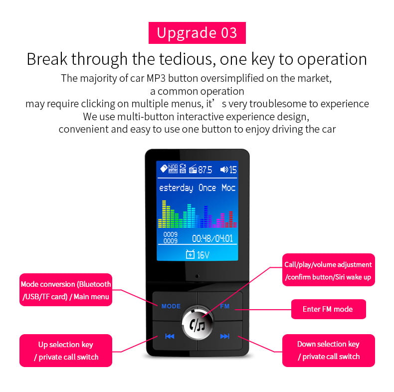 Black rectangular mp3 car speakerphone with colorful touchscreen display and circular central control button designed for enhanced in-car audio experience.