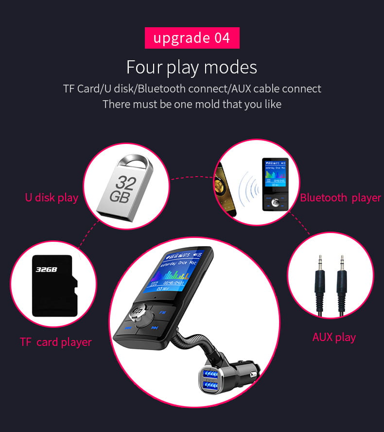 black rectangular mp3 car speakerphone with screen featuring a black car phone charger with flexible gooseneck and dual usb ports for convenient device charging while driving, ideal for use with car speakerphone systems.