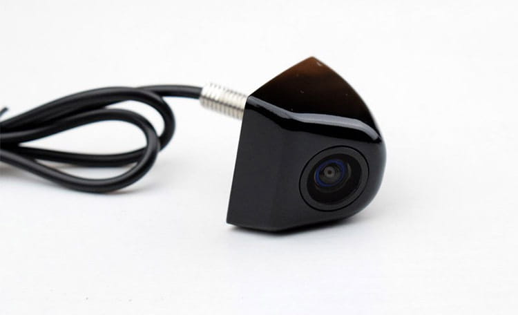 black glossy triangular rearview camera with threaded mounting stem and coiled black cable designed for 4.3 inch led rear view mirror with reversing camera system