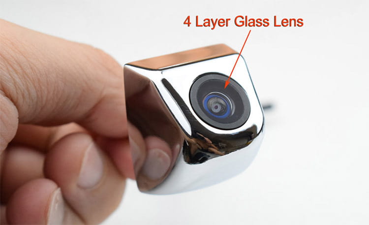 chrome-finished car rearview camera with 4-layer glass lens shown on the back side of a 4.3 inch led rear view mirror with reversing camera.